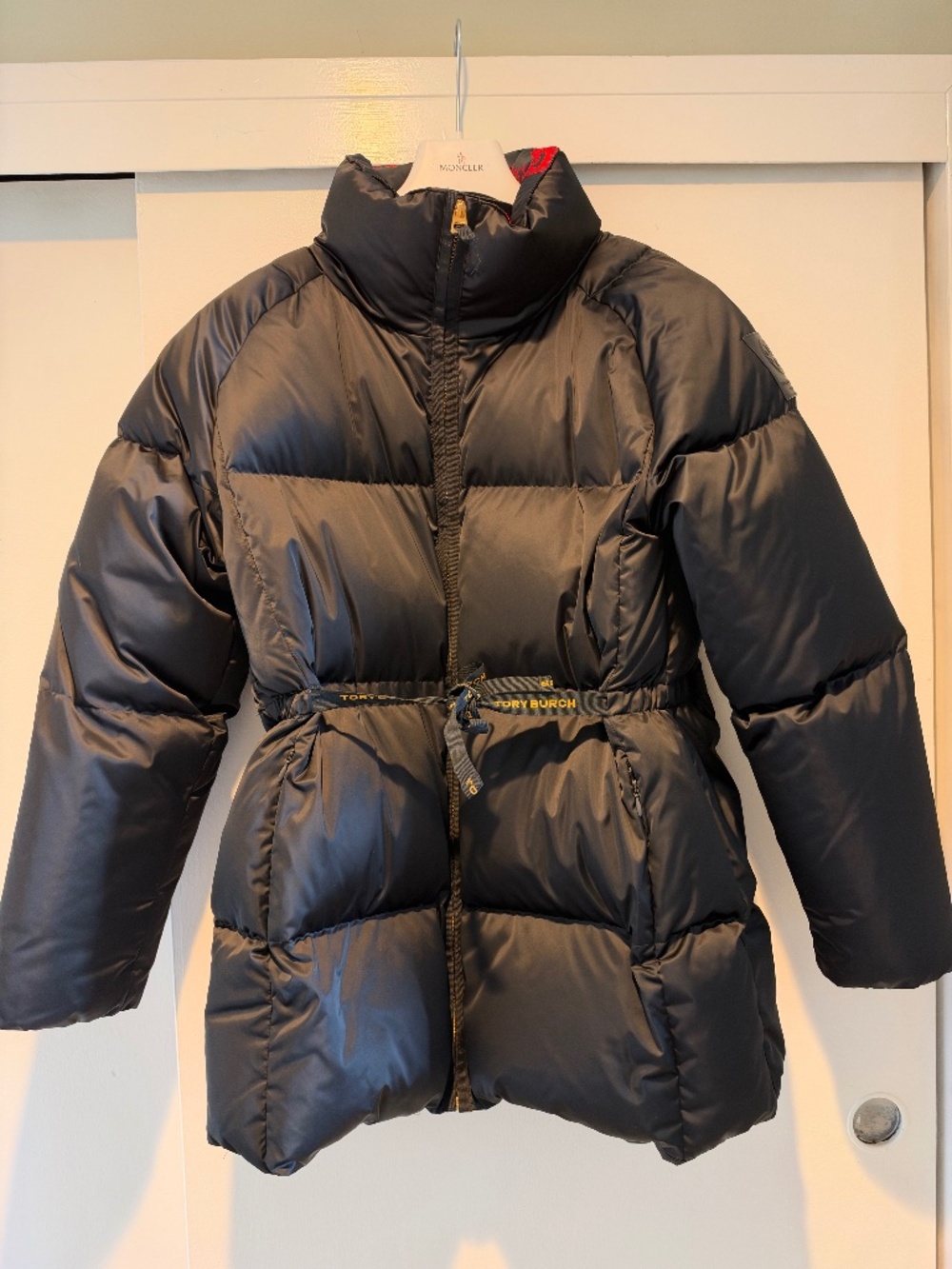 Tory Burch Black Down Puffer Coat Floral Lining Belted Size S